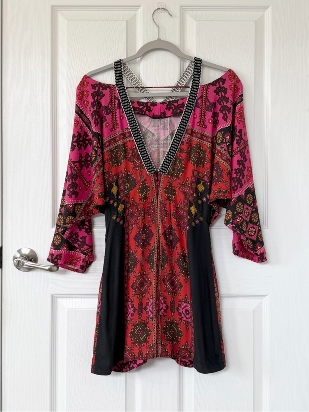 FARM Rio Pink Printed Mini Boho Dress with Embroidered Halter Neck